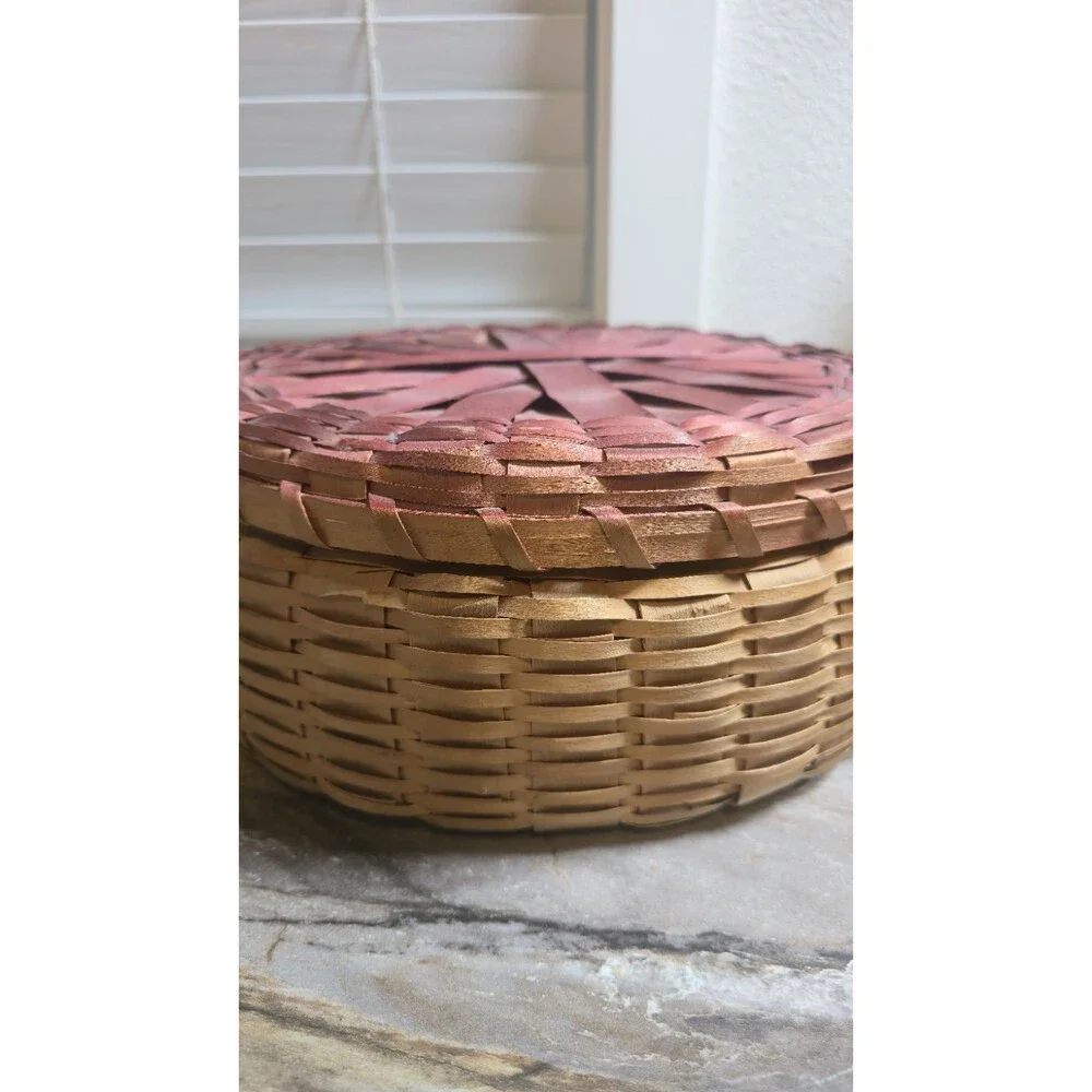 Handwoven Split Wood Lidded Basket Primitive Farmhouse Storage Red Accent 10.5